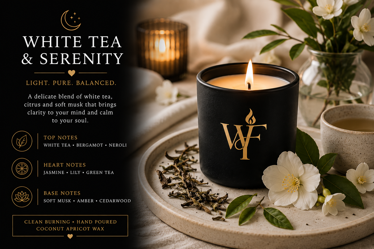 White Tea & Serenity 🖤 | The Flame – Signature 10 oz Candle