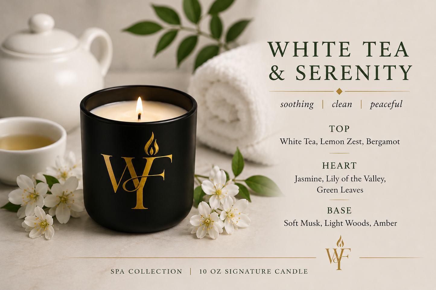 White Tea & Serenity 🖤 | The Flame – Signature 10 oz Candle